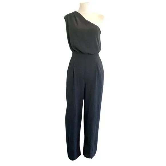 Free People One Shoulder Cropped Black Woven Cotton Blend Gauze Jumpsuit Size 8 - Picture 3 of 7
